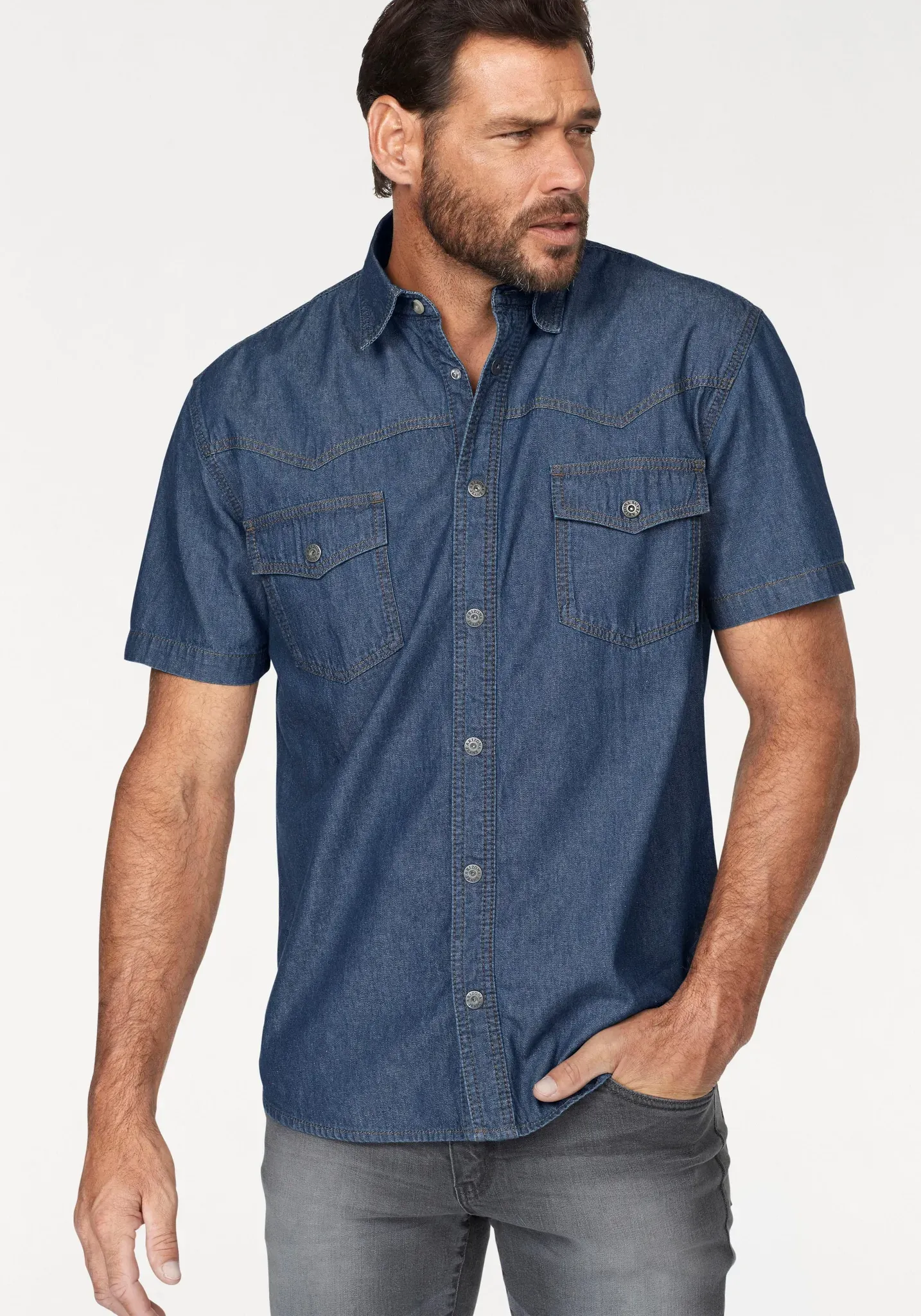 Jeanshemd ARIZONA, Herren, Gr. 49/50 (4XL), N-Gr, blau (blau stone), Jeans, Obermaterial: 100% Baumwolle, unifarben, Basic, normal normal, Hemden Jeanshemd, Kurzarm im Western Stil, Topseller