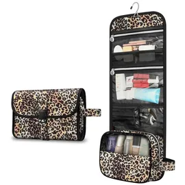 Fintie Tragbare Kulturtasche Kosmetiktasche Reisetasche, Große wasserdichte Aufhängen Make-up Organizer Stauraum Tasche für Damen Mädchen, Leopardenmuster