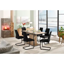 Hela Essgruppe HELA "Ariana, Esstisch mit 6 Stühlen, ausziehbarer Küchentisch", schwarz (artisan eiche, bezug waterfree schwarz, schwarz, schwarz), Einlegeplatte, Bezug Webstoff waterfree, Sitzmöbel-Sets, Essgruppe, Tisch 120-160cm, 6 Stühle mit hoher