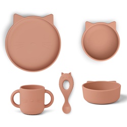 LIEWOOD - Vivi Silikon Geschirrset, Katze, dark rose (4er-Set)