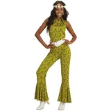 70er Jahre Retro JUMPSUIT mit Tapetenmuster Grün Disco Damen Kostüm Overall Siebziger Schlager 70's, Größe:XS