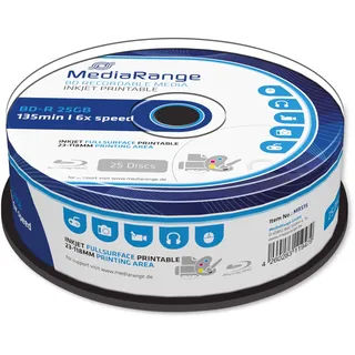 MediaRange BD-R 25GB 6-Fache Schreibgeschwindigkeit, Vollflächig bedruckbar, Cakebox