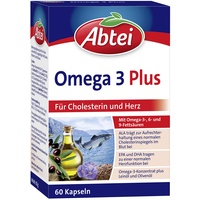 Abtei Omega 3 Plus - Nahrungsergänzungsmittel reich an Omega-3-Fettsäuren für den Cholesterinspiegel und die Herzfunktion - mit Vitamin E und Folsäure - 1 x 60 Kapseln