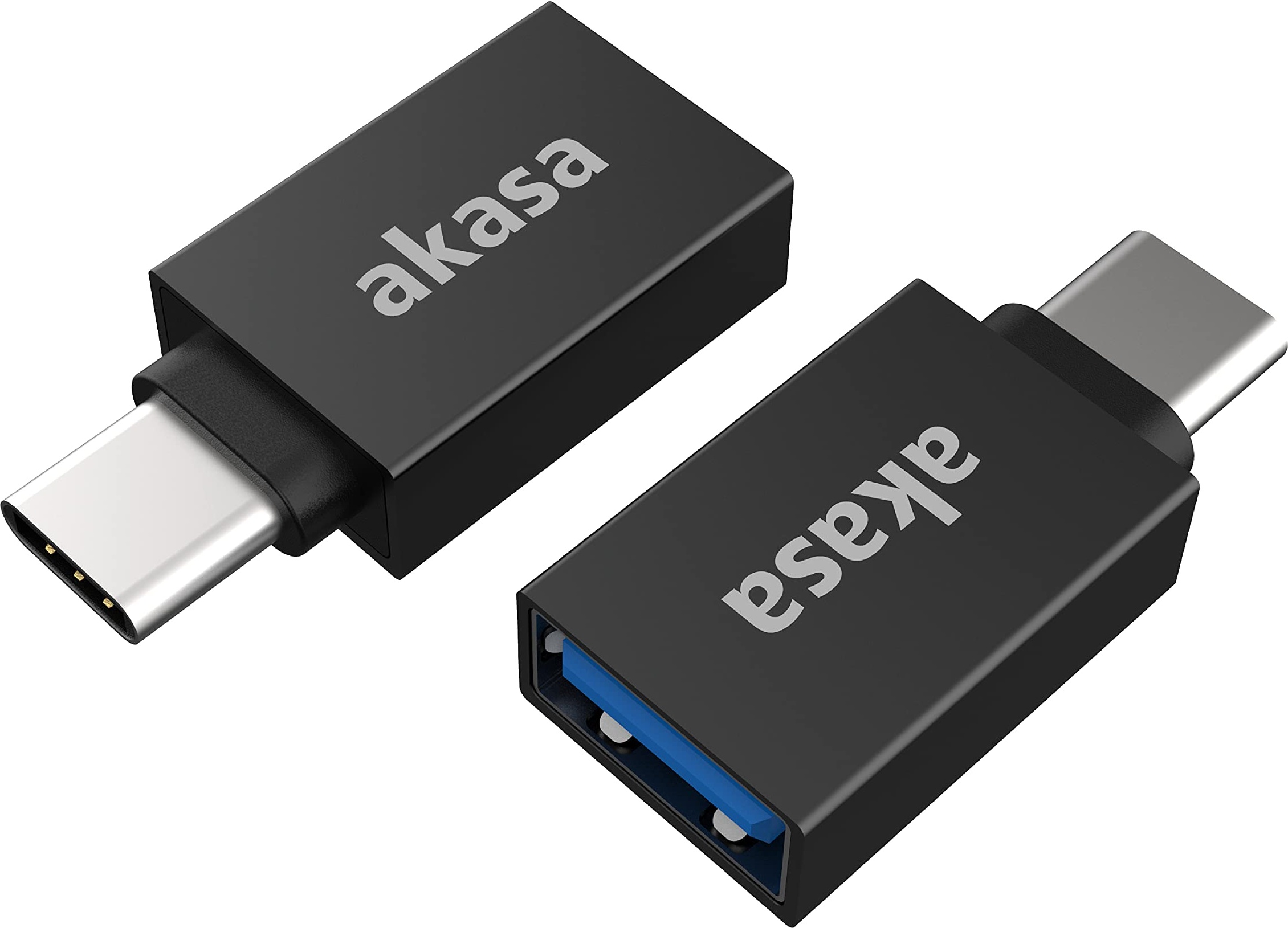 Akasa USB Typ C Stecker auf USB Typ A Buchse Adapter, USB 3.2 Gen 2, 10 Gbps, Schnellladen, kompatibel mit Powerbank, PC, Laptop, Handy, Tabelt und mehr, 2 Stücke, Schwarz, AK-CBUB62-KT02