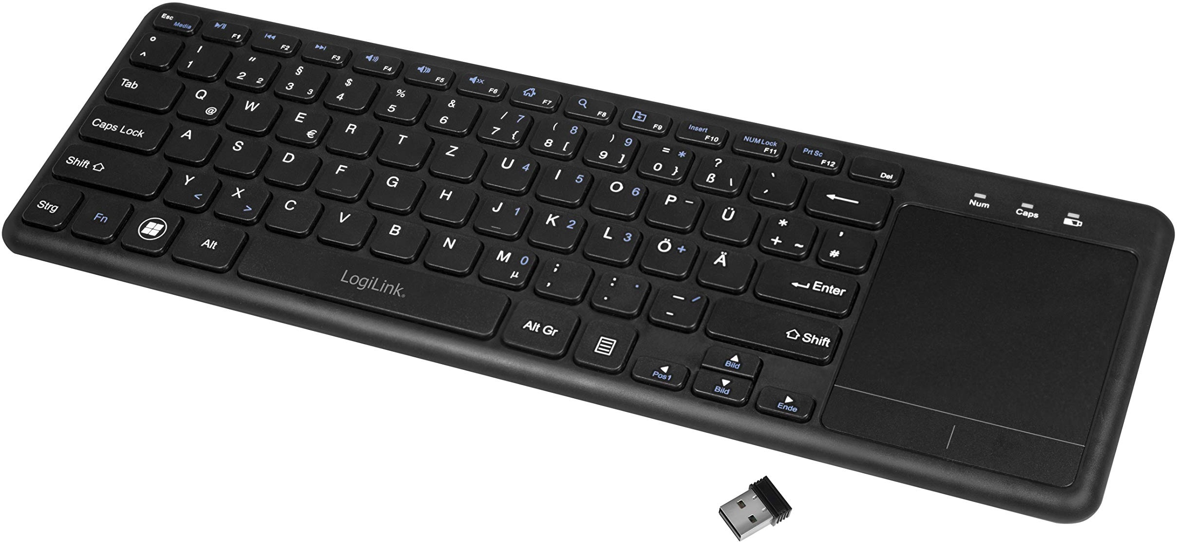 LogiLink ID0188 - Funk Tastatur mit eingebautem Touchpad, 12 praktischen Multimedia Funktionstasten und einem Schlaf-Energie-Sparmodus für PC/Windows/MacOS/Smart TV/Android Box, Schwarz