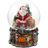 Dekohelden24 XXL Schneekugel, Weihnachtsmann mit REH und Tannenbaum, mit Sound, auf aufwendig dekoriertem Sockel, Maße L/B/H: 15 x 15 x 20 cm Kugel Ø 15 cm