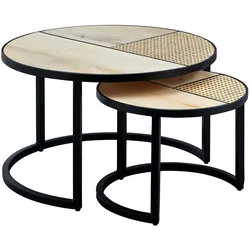 Kadima Design Industrie-Stil Beistelltisch Set, Rattan und Holz, Handgefertigt. 60x60x37 cm