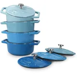 Navaris Mini Cocotte Set - 4x Gusseisen Mini Topf Blau - Optimale Wärme Distribution - Mini Auflaufform mit Deckel - Kleine Dessert Töpfe - Auflaufförmchen backofenfest