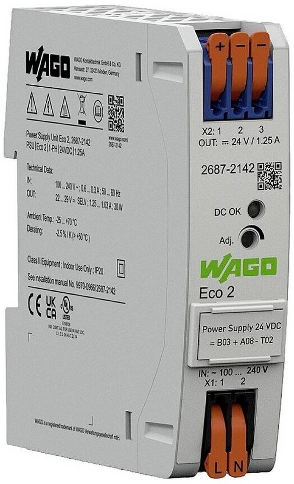 WAGO Stromversorgung Eco 2, 1-phasig, DC-OK LED Hutschienen-Netzteil