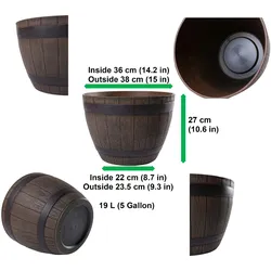 Jinfa 6 Blumenkübel aus Kunststoff in Holzoptik | Farbe: Kastanie | Design: Weinfass | Ø 38 cm