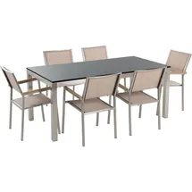 Beliani Gartentisch Set Schwarz Beige Granit Edelstahl Tisch 180 cm Poliert 6 Stühle Terrasse Outdoor Modern