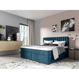 Fun Möbel Boxspringbett Schlafzimmerbett Linnea 200x220cm Stoff Blau inkl. Bettkasten
