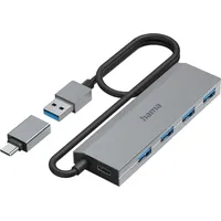 Hama USB-Hub 4 Ports, USB 3.2 Gen1, 5 Gbit/s, inkl. USB-C-Adapter und Netzteil, 4X USB-A für Maus, Tastatur, Externe Festplatte, USB-Stick etc., Aluminium-Gehäuse, USB-Adapter für Büro, Home Office)