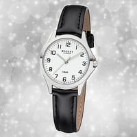 Armbanduhr Quarz Leder schwarz 2112418 Damen Uhr Regent Lederarmband UR2112418