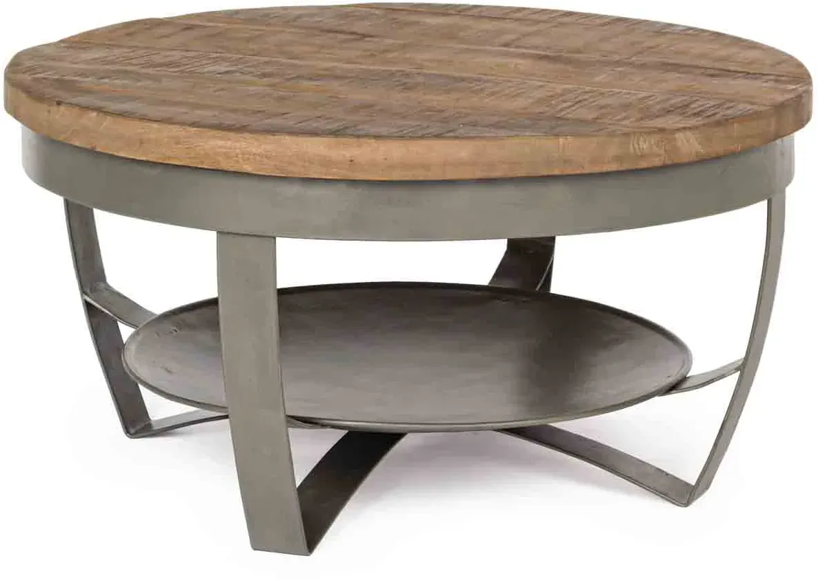 Couchtisch Narvik aus Mangoholz, rundes Industrial Design, natur, Metallgestell grau, Ø 65 cm