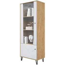 Newroom Vitrine Wildeiche Weiß Matt Vitrinenschrank Skandi Modern - 63x171x40 cm (BxHxT) - Glasvitrine Standvitrine Glasschrank - [Loya.Nine] Wohnzimmer Gästezimmer Büro
