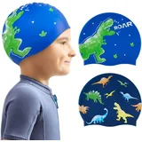 2 Stück Kinder Badekappe Wasserdicht Silikon schwimmhaube für Baby Jungen Badekappe Kleinkinder Badekappe Dinosaurier Badekappen für Kinder für Langes und Kurzes Haar