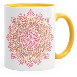 Autiga Tasse Kaffee-Tasse Mandala Ethno Boho Kaffeetasse Teetasse Keramiktasse mit Innenfarbe Autiga®, Keramik gelb