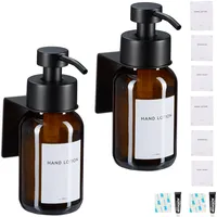 Relaxdays Seifenspender, 2er Pack, 250ml, Braunglas, Edelstahl, Wandseifenspender zum