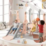 Rutsche, Kinderrutsche für den Außenbereich, 4 in 1 für Babys mit Schaukel, Rutsche, Treppe und Basketballkorb, Schaukelrutsche freistehend, Spielzeug für Montessori-Spielplatz (Rosa)