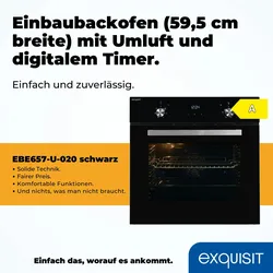 Exquisit EBE 657-2U Einbaubackofen | 59 L Backofenvolumen | Heißluft | Teleskopauszüge | Schwarz