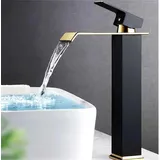 Wasserfall-waschtischarmatur In Gold Und Schwarz, Messing-waschtischarmatur, Mischbatterie Für Warm- Und Kaltwasser