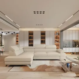masseno Ecksofa FAVIEN L-S mit Schlaffunktion L-Form, Sofa mit Bettkasten, Wohnzimmersofa, Couch, Soffa, Bettsofa, Couchgarnitur- Creme, Boucle-Stoff