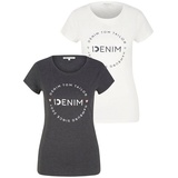 TOM TAILOR Denim Damen 1037233 Slim Fit T-Shirt Mit Logo-Print Im Doppelpack, 10522 - Shale Grey Melange, M EU