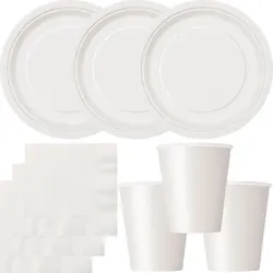 Party Deko Set weiss Einweggeschirr für 16 Personen Teller, Becher, Servietten Hochzeit Geburtstag