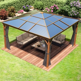 TOOLPORT Gartenpavillon 4x4 m Holzoptik, ca 8 mm Polycarbonat-Dach, 4 Seitenteile in grau