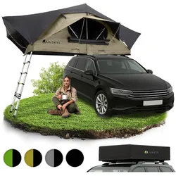 Juskys Autodachzelt Lago 140 x 240 cm - LED-Beleuchtung & Leiter - Schwarz / Khaki