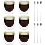Latte Macchiato Gläser: Doppelwandig Espressotassen Set, 6 Stück 80ML Doppelwandige Gläser mit 6 Löffeln, Cappuccino Tassen Kaffeegläser Kaffeetassen Eiskaffee Glas Thermogläser Kaffeebecher
