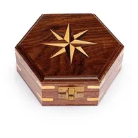 Nklaus 13,5x12x5cm Maritim Holzbox sechseckig mit aufwändigem Windrose Inlay