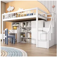 Flieks Hochbett Kinderbett Etagenbett mit Schreibtisch, Schrank, Stautreppe 90x200cm weiß
