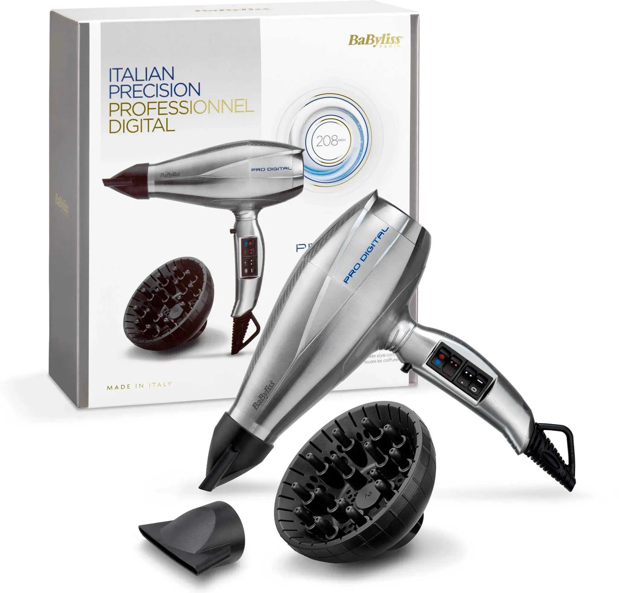 Haartrockner BABYLISS "6000E Pro Digital" bunt (silberfarben, blau) Föhn mit digitalem Motor