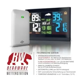 Bearware Wetterstation, Funk, Farbdisplay, 3 Außensensoren, DCF-Signal, Luftdruck, Barometer, Wetterprognose, Netzteil, Anleitung