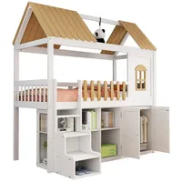 SOFTWEARY Hochbett mit Lattenrost, Kleiderschrank, Regal und Treppe, 90x200 cm, Hausbett, Kinderbett mit Rausfallschutz, Jugendbett