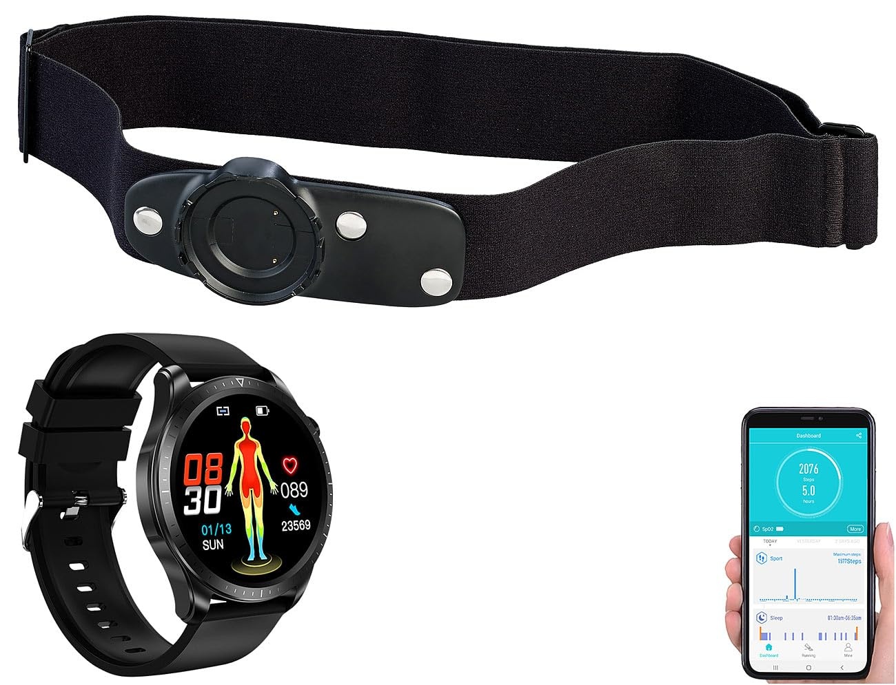 Newgen Medicals Fitnessarmband: Fitness-Smartwatch mit Brustgurt, EKG, Blutdruck, SpO2, App, IP67 (Sport Armband, Smartwatch-Fitnessuhr, Senioren Handy)