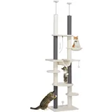 PawHut Kratzbaum Deckenhoch, Katzenbaum, 225-255 cm Katzenkratzbaum mit Hängematten, Kratzstämmen, Korb, Spielball, Katzenmöbel mit Kippschutz, Weiß