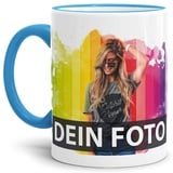 Tasse selbst individuell gestalten/Personalisierbar mit eigenem Foto Bedrucken/Fototasse/Motivtasse/Werbetasse/Firmentasse mit Logo/Rand & Henkel Hellblau