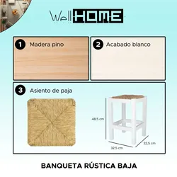 WellHome - Rustikale niedrige Bank aus Holz, Weiß-Finish 32,5x32,5x48,5 cm