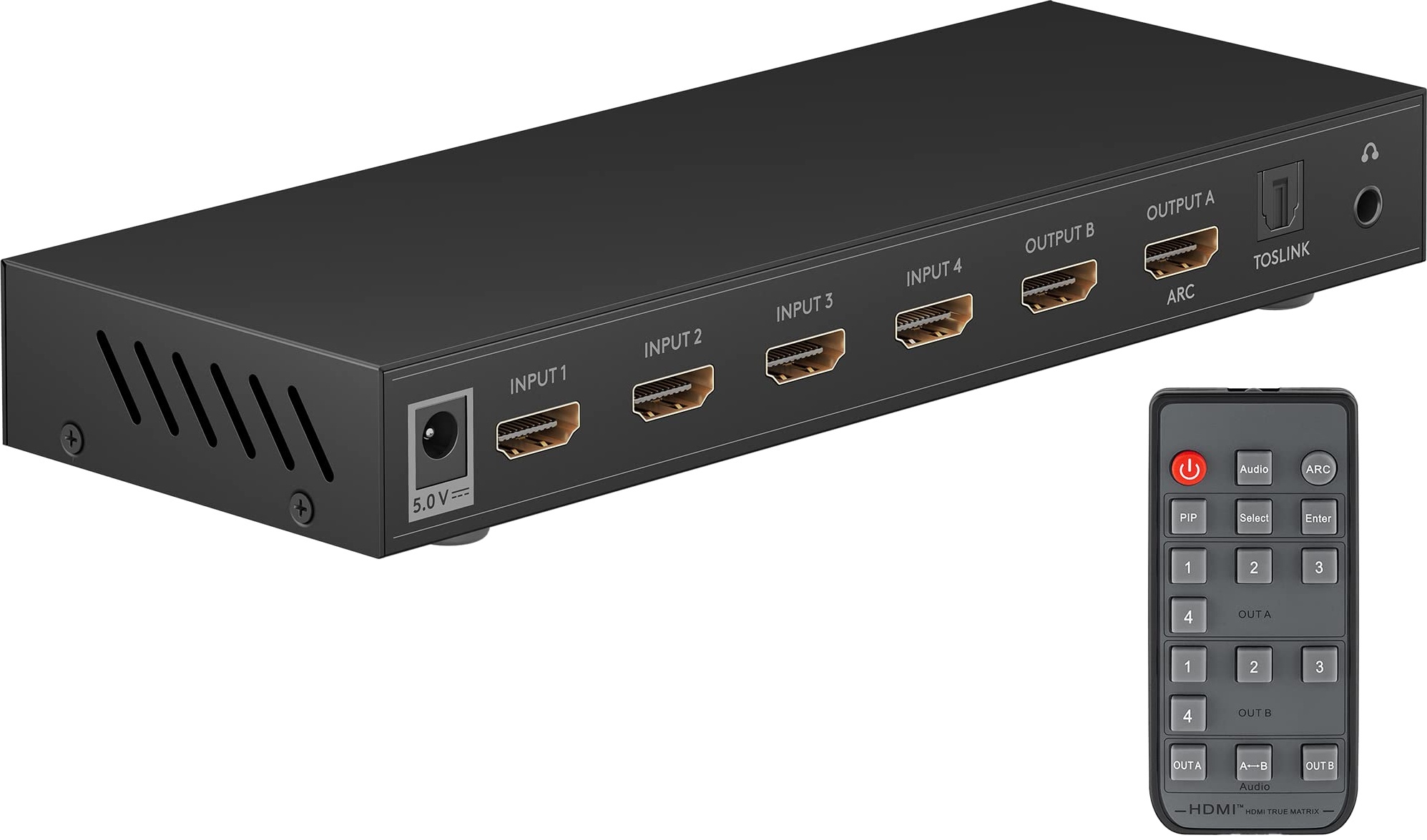 goobay 58478 HDMI Matrix Schalter 4 auf 2 / Matrix Switch Splitter 4k @ 30Hz / Mit Fernbedienung für Blu ray Player, Xbox, PS5 und TV / 4 IN 2 Out Umschalter