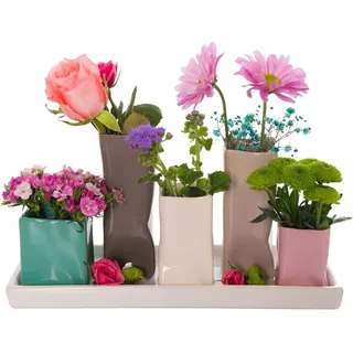 H&D Manufaktur Jinfa Handgefertigte kleine Keramik Deko Blumenvasen Set aus 5 Vasen in bunt