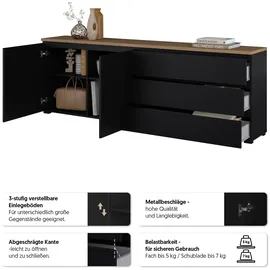 OTTO home Modo 200 x 68 x 34,5 cm Schwarz / Eiche Mauvella