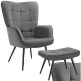 Tectake Ohrensessel Hygge Feincord 71 x 100,5 x 73 cm Anthrazit/Schwarz mit Hocker
