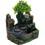 Tischbrunnen innen - LED Zimmerbrunnen aus Harz - Nebel - Rollende Glaskugel - Wasserrad mit Häuschen - Beruhigendes Wassergeräusch - Mehrfarbig