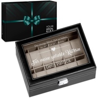 Maverton Uhrenbox mit Gravur für 12 Uhren - 30x20x8cm - Uhrenkasten aus Kunstleder - Schwarz - Geschenk für Damen - Valentinstag