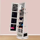 SBAGNO Weiß Schmuckschrank mit Spiegel, Abschließbar, Ganzkörperspiegel mit Schmuckaufbewahrung und 6 LEDs, Großer Stauraum, 360°drehbar, 3 Ablagen, Schwarzer Samtauskleidung