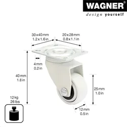 WAGNER Design - 3C Lenkrolle/Möbelrolle soft - Durchmesser Ø 25 mm, weiß, Tragkraft 12 kg - 01222601