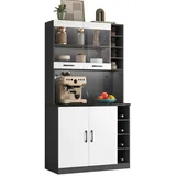 OKWISH Küchenbuffet Küchenschrank aus Holz mit LED und viel Platz für Mikrowelle (Ohne Dekoration, Küchenschrank, Buffet mit LED-Ambiente-Beleuchtung und Kabellöchern) 100x47x187cm grau|weiß